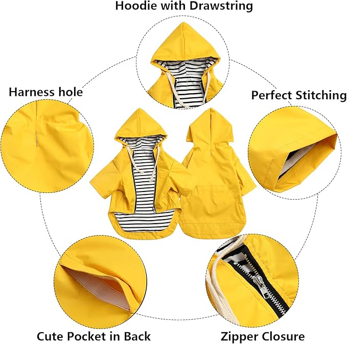 Dog Raincoat rain Jacket Raincoat Dogs Waterproof Small Medium Breeds Zip Closure Storage Pocket Harness Hole Yellow L