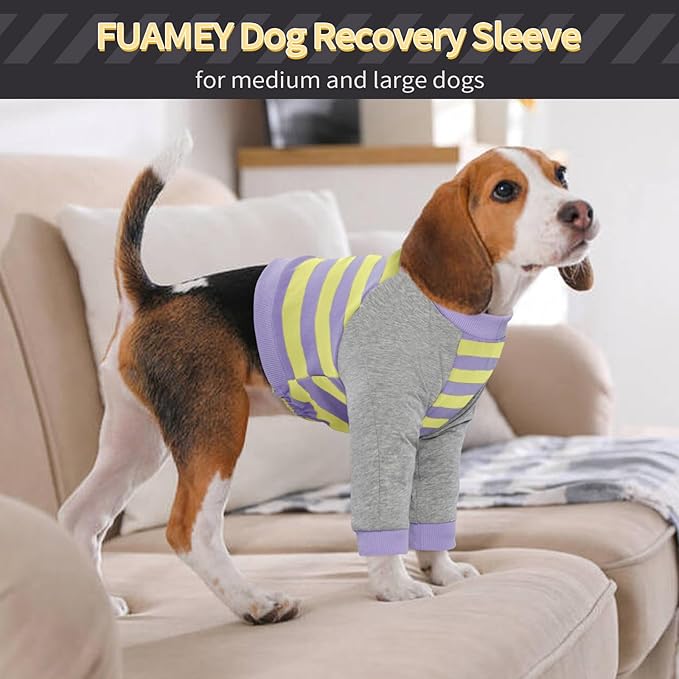 FUAMEY Dog Recovery Sleeve with Elbow Protector,Dogs Shirt Stop Licking Joints,Pet Long Sleeve Suit Protecting Dog's Front Leg Arm Wounds Cover Skin Conditions Purple Stripes 3XL