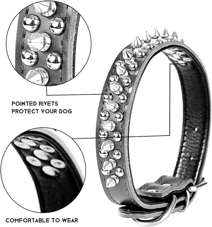 Adjustable Genuine Leather Spiked Studded Dog Collars for Small Medium Large Pets Like Pit Bull Bulldog Pugs Husky (M, Yellow2)