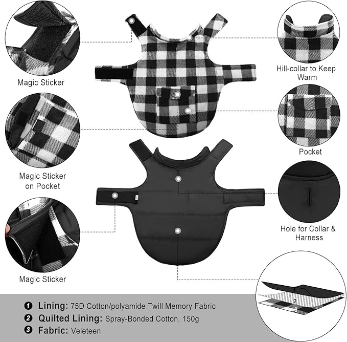 ASENKU Dog Winter Coat, Fleece Doggie Jacket Plaid Reversible Vest Waterproof Windproof Cold Weather Clothes for Small Medium Large Dogs (M, White)