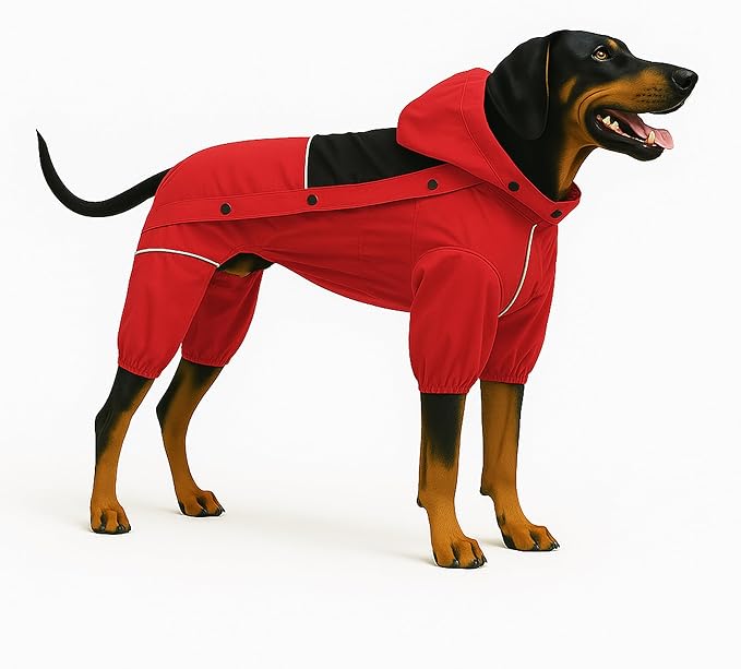 LOVELONGLONG Waterproof Dog Raincoat with Removable Hood – Outdoor Full Body Dog Jacket, Windproof Snowproof Shell Suit – All Season Pet Rain Gear Red XL