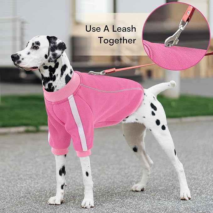 Queenmore Fleece Dog Sweater for Girl Dogs, Pullover Pink Dog Sweatshirt Sweatshirt with Leash Hole, Reflective Stripes – Cozy Winter Fleece Jacket for Small/Medium/Large Femal Puppy XL