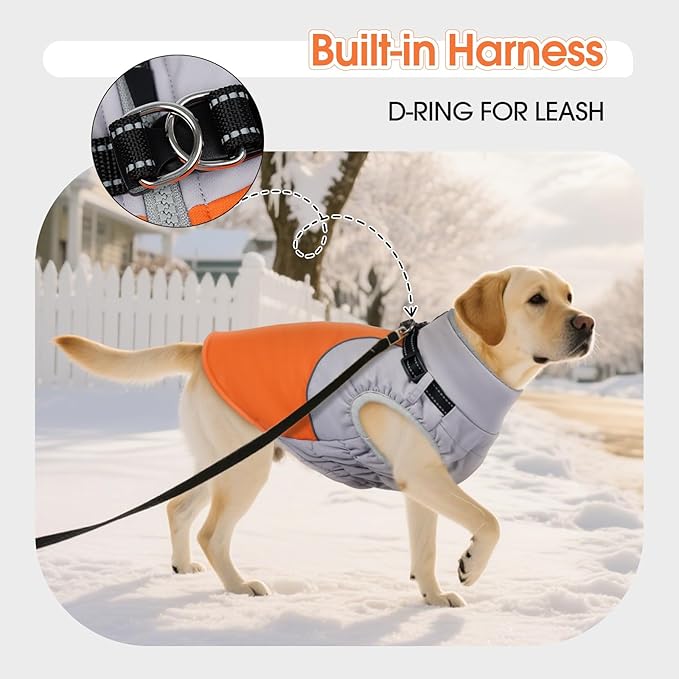DENTRUN Dog Coat with Harness Built in, Windproof Water-Repellent Winter Dog Jacket with Reflective Strips & Fleece Lined, Plush Turtle Neck for Small Dogs, Orange, XS