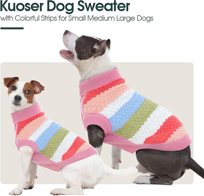 Kuoser Dog Sweater, Large Sweaters for Dog Girls Boys Christmas Thanksgiving Outfit, Thick Fall Winter Cable Knitwear, Pet Sweatshirt Warm Clothes Turtleneck Pullover, Pink L
