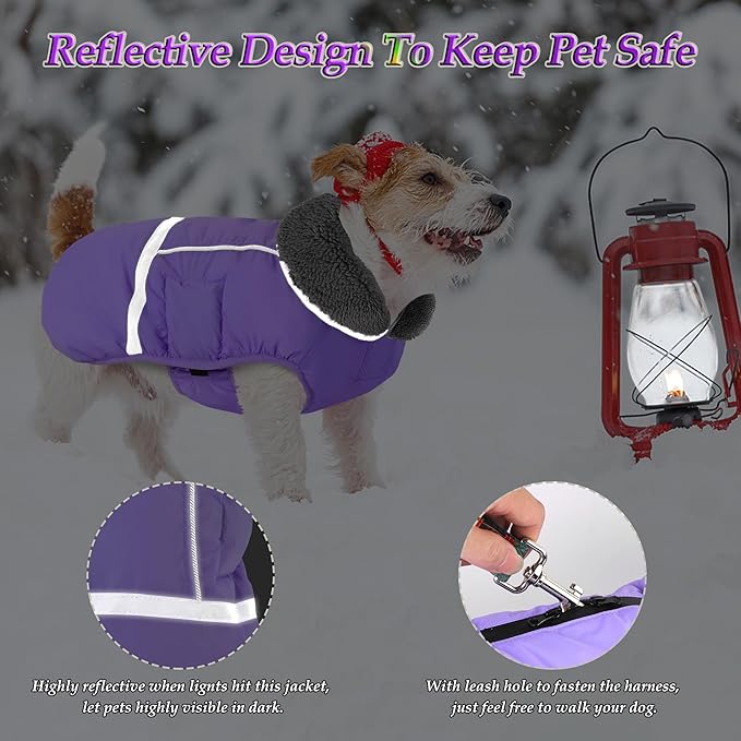 Dogcheer Warm Dog Coat, Waterproof Dog Jacket Christmas Puppy Winter Coat with Buckle, Reflective Adjustable Pet Snow Jacket Fleece Sweater for Small Medium Large Dogs - Taro Purple L