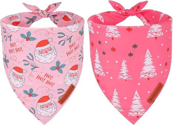 ADOGGYGO Pink Christmas Dog Bandana, Santa Xmas Tree Dog Scarf, Adjustable Fit Pink Pet Christmas Bandanas for Medium Large Dogs (Large)