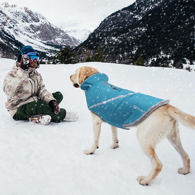 VIVAGLORY Snowrap Dog Coat, Jacket with Harness Hole & Velcro Closure, Dog Coat for Winter & Cold Weather, Fluffy Warm Fleece Lined Reflective Water Resistant for Puppy, XL, Turquoise