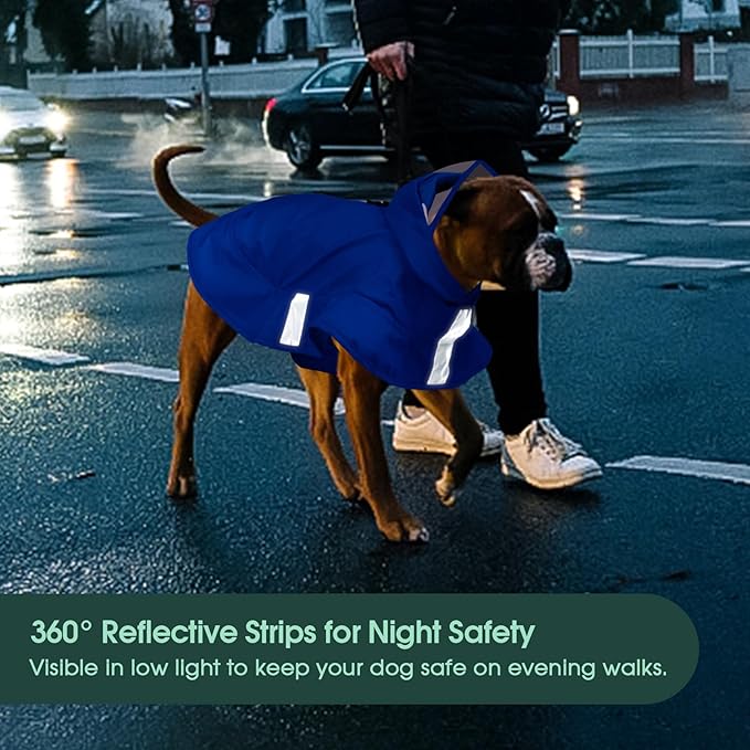 Kuoser Dog Raincoat, Waterproof Dog Rain Jacket with Clear Hooded Double Layer, Lightweight Reflective Dogs Rain Coat with Adjustable Belly Strap, Rain Coats for Large Dogs Outdoor Wear, Blue XL