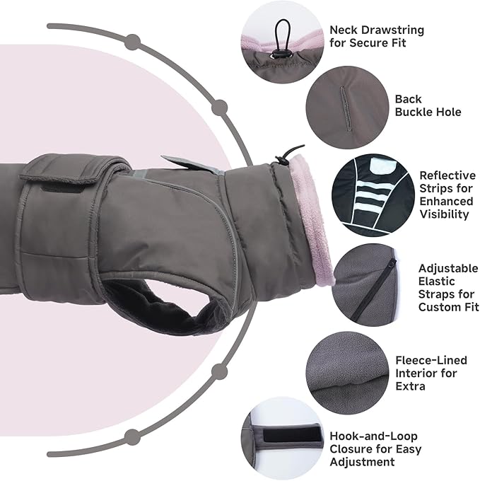 Dog Winter Coat for Small to Large Dogs(XS-XXXL)– Waterproof Windproof Fleece Lined Jacket with Reflective Trim,Pet Vest with Adjustable Buckles, Machine Washable Grey S