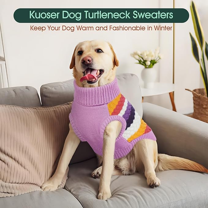 Kuoser Dog Sweater, Large Sweaters for Dog Girls Boys Christmas Thanksgiving Outfit, Thick Fall Winter Cable Knitwear, Pet Sweatshirt Warm Clothes Turtleneck Pullover, Purple L
