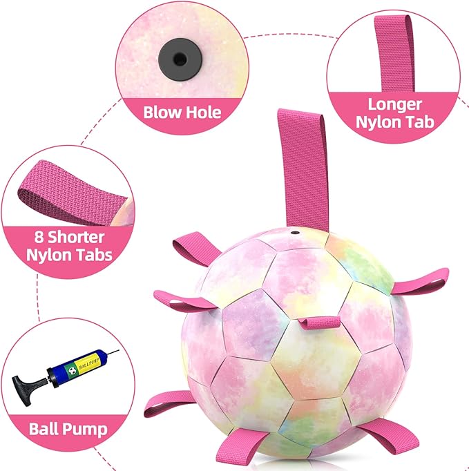 QDAN Dog Toys Soccer Ball with Straps,Gradient Interactive Dogs Toys for Tug of War, Puppy Birthday Gifts,Water Toy Durable Dog Balls World Cup for Small & Medium Dogs-Rainbow（8 Inch）