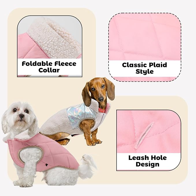 EMUST Warm Dog Jacket, Cozy Dog Fleece Coat with Leash Hole, Waterproof Reversible Winter Sweater Coats for Small Dogs, Cream, XS
