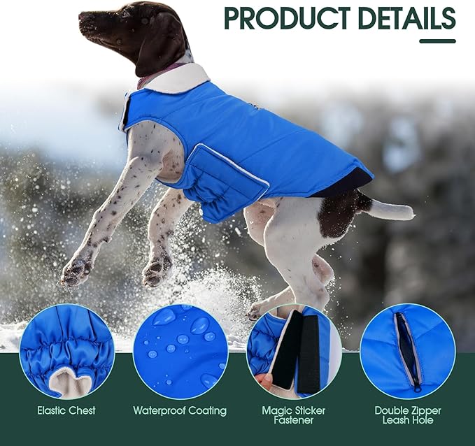 Kuoser Dog Coat Small, Cold Weather Reflective Waterproof Dogs Jacket with Warm Fleece Lining, Turtleneck Dog Winter Coat with Zipper, Doggy Snow Jacket Pet Coats for Small Medium Large Dogs, Blue XS