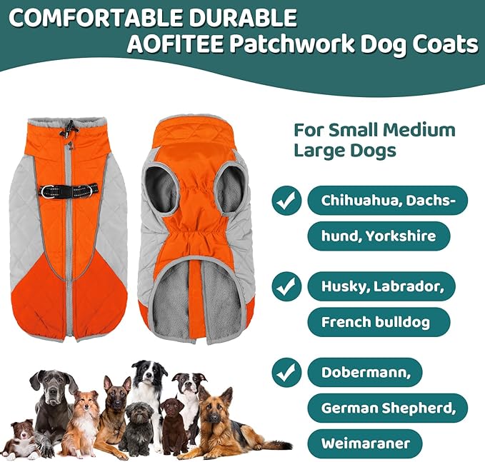 AOFITEE Dog Coat, Warm Dog Jacket, Reflective Dogs Winter Coat with Harness Built in and Fleece Lined, Waterproof Pet Winter Jacket Snowsuit for Small Medium Large Dogs, Orange L