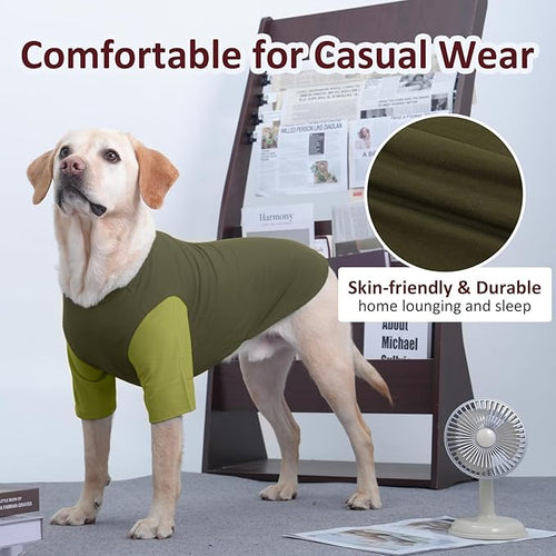 2 Pack Large Dog Shirts for Summer - Stretchy Breathable Cotton Dogs T-Shirt, Protect Skin Easy On and Off Dogs Clothes for French Bulldog, Pug, Daily Wear, Park, Travel, Beach Trips, Green