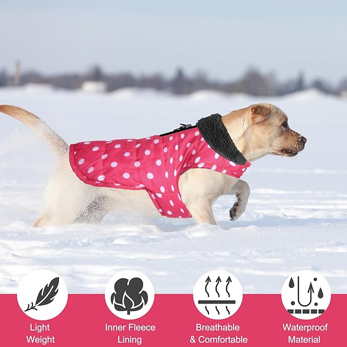 Dog Winter Coat, Waterproof Dog Jacket with Leash Hole, Reflective Adjustable Pet Snow Vest, Warm Fleece Sweater for Small Medium Large Dogs - Pink Polka Dot, M