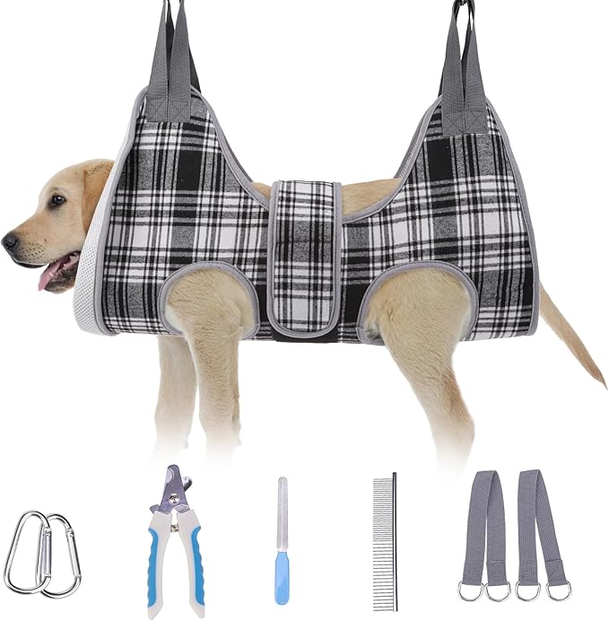 BEAUTYZOO Dog Grooming Hammock, Medium Dog Sling for Nail Trimming, Dog Hanging Harness for Claw Care with Thick Fabric Neck Support Wide Strap Restraint Cat Grooming Hammock, Black L