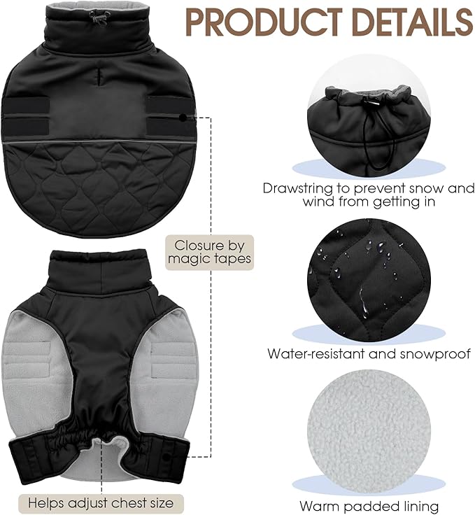 FUAMEY Warm Winter Coats for Large Dogs Windproof, Fleece Lined Dog Jacket Waterproof Snowsuit, Thermal Doggy Vest Adjustable Snow Outfits Cold Weather (Black, 3XL)