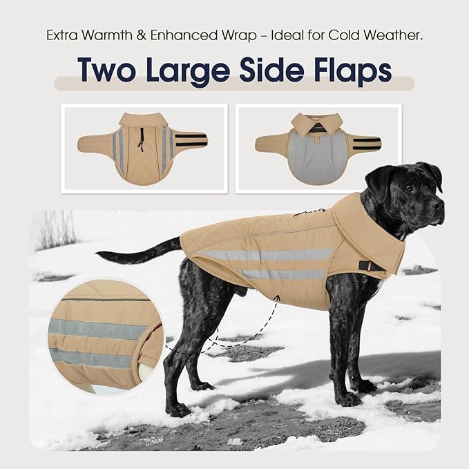 IECOii 5XL Warm Dog Jacket - Waterproof & Windproof, Reflective & Adjustable Coats for Dogs, Cozy Jackets with Fleece Lined for Indoor Outdoor, Khaki, Sizes XXXXXL