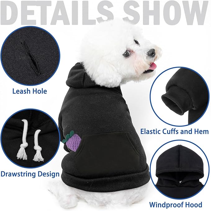SCENEREAL Dog Hoodie Sweaters for Small Dogs, Fleece Pet Sweatshirt with Hat and Pocket,Soft Cotton Cold Winter All Weather Big Cat Clothes, Black (S)