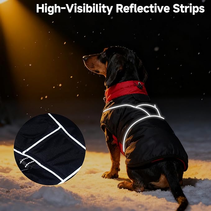 DORA BRIDAL Dachshund Coat, Fleece Lined Dog Winter Coat, Warm Dog Coats with Reflective Strips, Adjustable Waterproof Pet Jacket Clothes, L