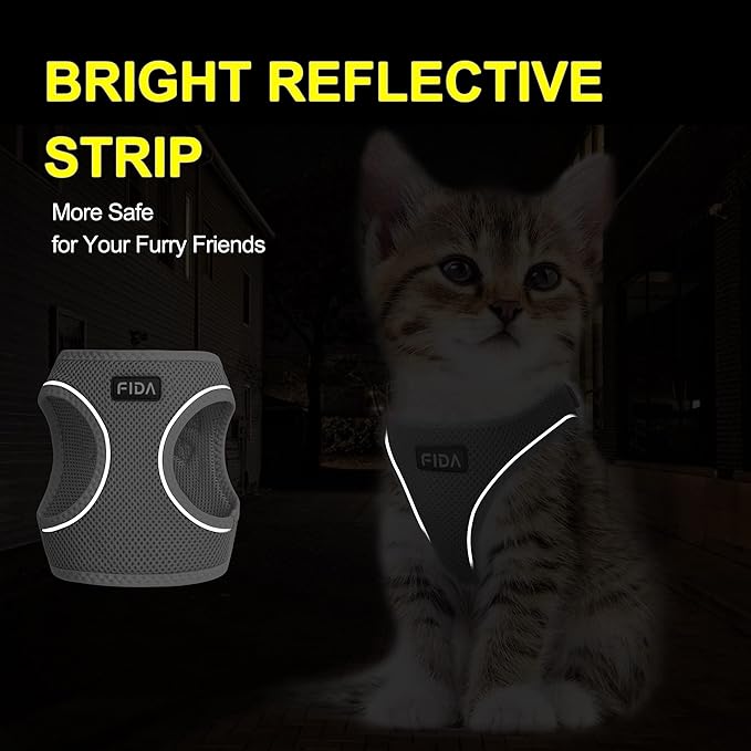 Fida Comfy Dog Harness with Leash, Soft Puppy Vest Escape Proof, Breathable Lightweight Soft Mesh, Adjustable Reflective Step-in Harness for Cat & Extra-Small Pet (XS, Grey)