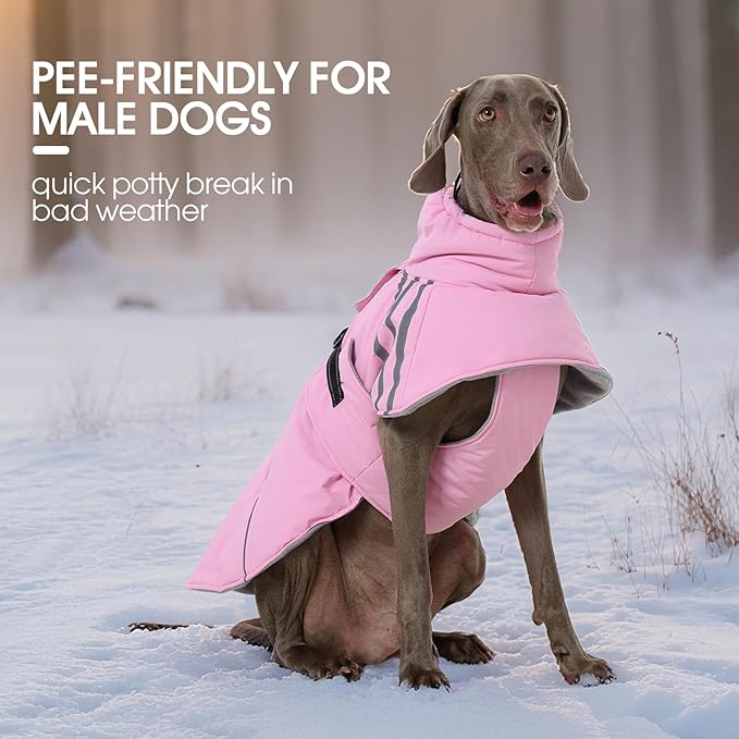 FUAMEY Dog Cold Weather Coats,Dog Winter Jackets for Large Dogs Warm Dogs Coat with Reflective Strips Waterproof Pet Snowsuit Thick Paded Pets Vest for Weimar German Shepherd Pink 3XL