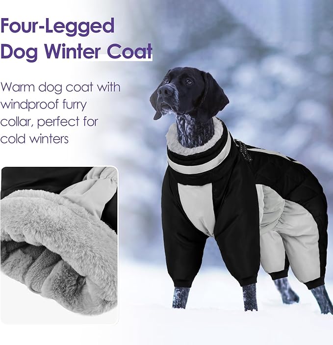 SUNFURA Full Body Dog Coat - Warm Fleece Jacket for Large Dogs, Turtleneck Winter Coats with Harness, Reflective Dog Snowsuit Windproof Puffer Jackets with Legs for French Bulldog, Black L