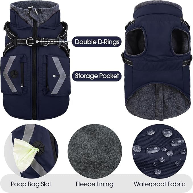 FUAMEY Dog Coat Zipper on Back, Fleece Lined Dogs Jacket for Winter with Harness Built-in, Insulated Clothes Large Doggy Cold Weather Outfits with Pop Bag Pockets, Jack Russell (Dark Blue, L)
