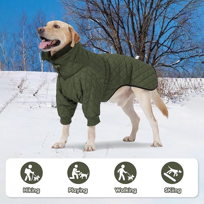 IDOMIK Dog Winter Coat for Large Dogs, Warm Dog Winter Jacket with Fleece High Collar, Zippered Cold Weather Coats for Dogs, Waterproof Doggy Snow Jacket Clothes,Green,XL