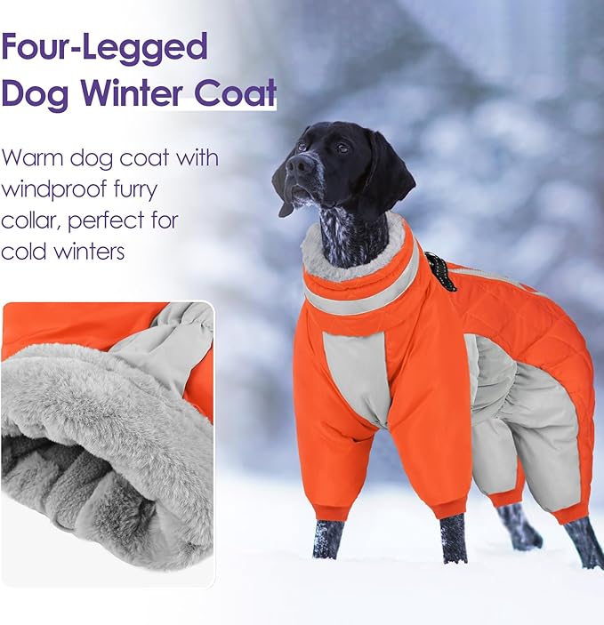 SUNFURA Full Body Dog Coat - Warm Fleece Jacket for Large Dogs, Turtleneck Winter Coats with Harness, Reflective Dog Snowsuit Windproof Puffer Jackets with Legs for French Bulldog, Orange L