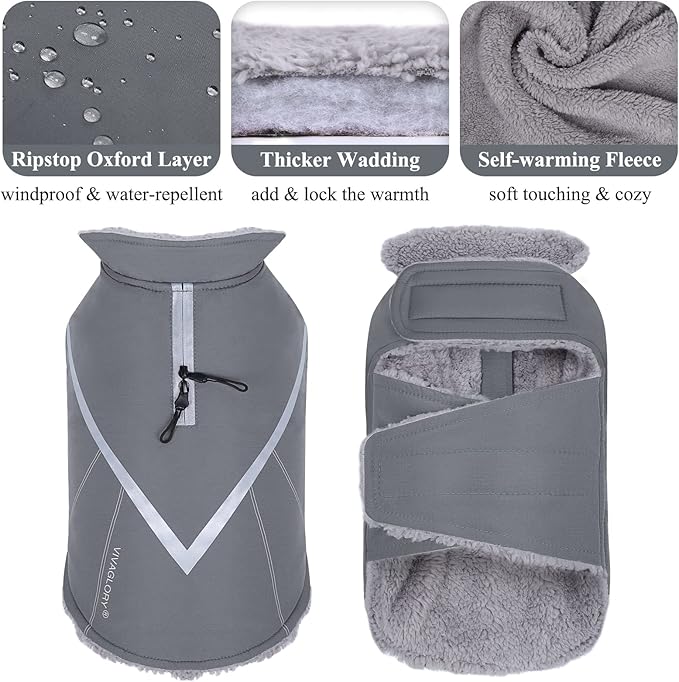 VIVAGLORY Snowrap Dog Coat, Jacket with Harness Hole & Velcro Closure, Dog Coat for Winter & Cold Weather, Fluffy Warm Fleece Lined Reflective Water Resistant for Puppy, L, Grey