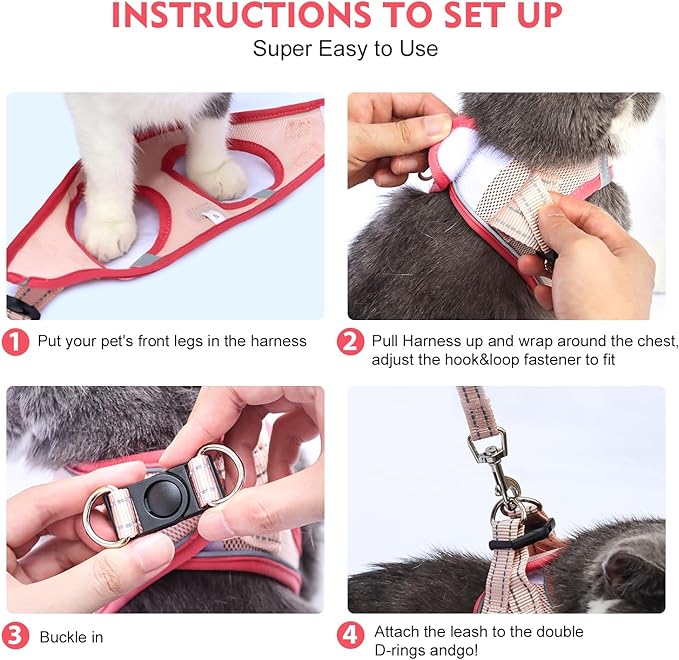 Cat Harness and Leash Set, Soft and Breathable Vest with Reflective Strip, Escape Proof Kitten Harness, Easy to Wear for Cats Walking and Traveling (Pink, XXS)