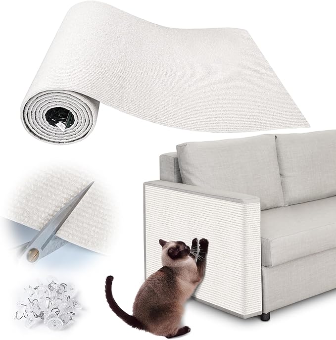 Cat Scratch Furniture Protector - 40" x 17" Trimmable Self-Adhesive Cats Claws Scratch Pads, DIY Cat Climbing Couch Protector for Scratch Post Cat Tree Replacement Indoor (Cream White)