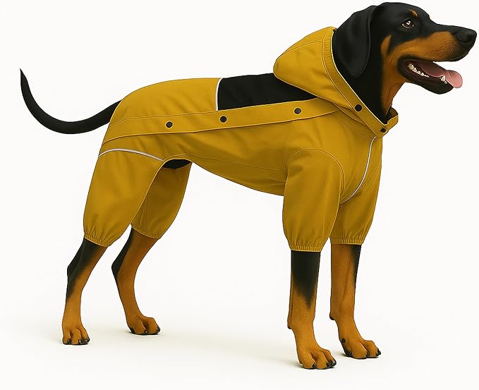 LOVELONGLONG Waterproof Dog Raincoat with Removable Hood – Outdoor Full Body Dog Jacket, Windproof Snowproof Shell Suit – All Season Pet Rain Gear Mustard Yellow S+