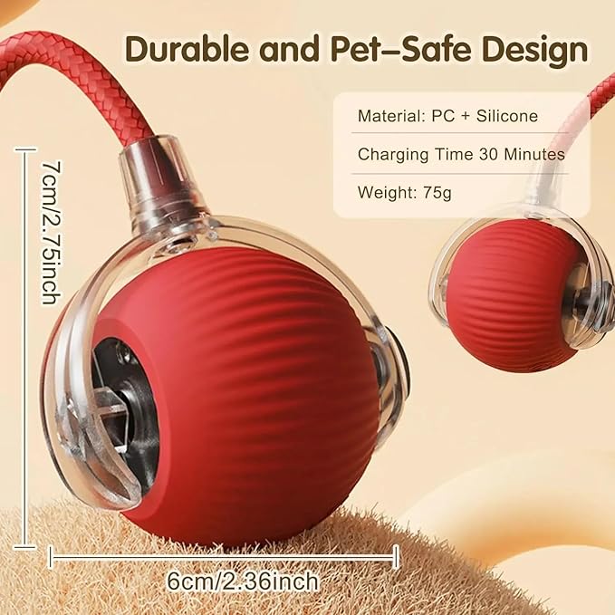 Automatic Ball for Small Dogs & Cats - Activated Moving Toy, Rechargeable, Self Play, Ball Toy with Long Tail Teaser