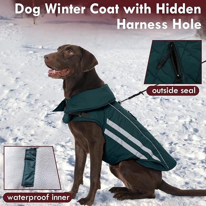 Large Dog Jacket Waterproof Warm Dog Winter Coats with Harness Hole Turtleneck Reflective Snowsuit Adjustable Fleece Coat for Dogs French Bulldog, Green L