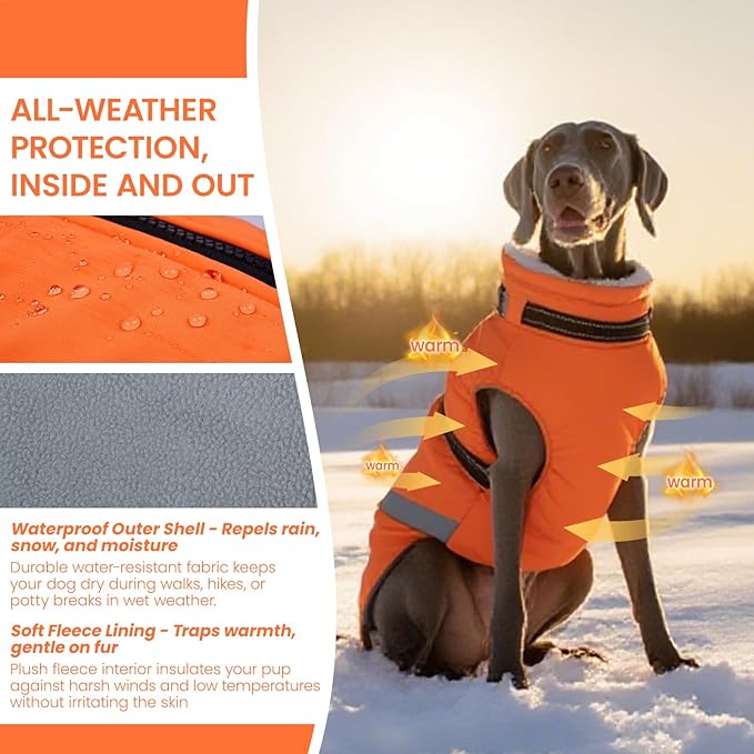 QBLEEV Dog Coat for Small Dogs, Waterproof Dog Jacket with Built-in Harness, Puppy Cold Weather Coats Reflective Vest, Windproof Warm Fleece Snowsuit Winter Coat for Chihuahua, Yorkie, Orange, XS