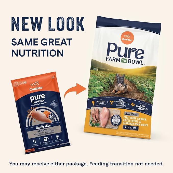 Canidae Pure Farm to Bowl Free-Range Chicken, Sweet Potato & Garbanzo Bean Grain-Free Senior Dog Food, Adult 12lb