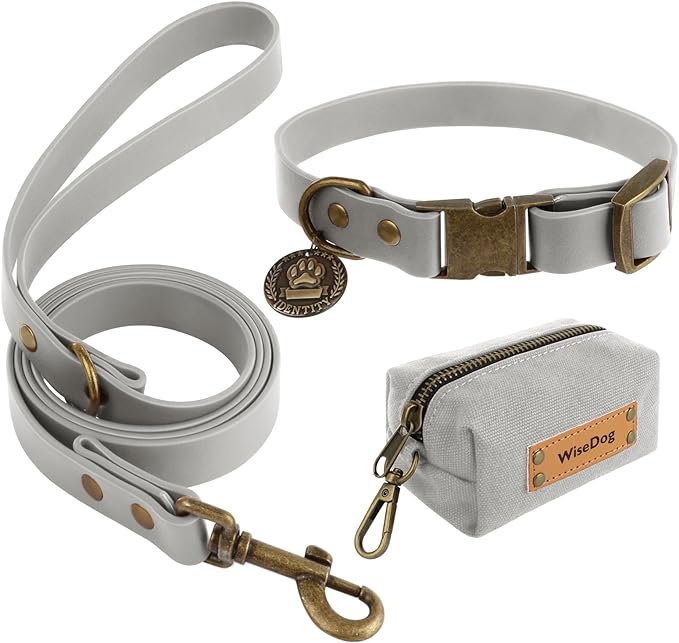 Wisedog Dog Collar and Leash Set, Waterproof Adjustable Puppy Collars with Cute Tag 6FT Dog Leash with Poop Bag for Small Medium Large Dogs (M(Collar:12"-18";Leash:5 ft), Grey)