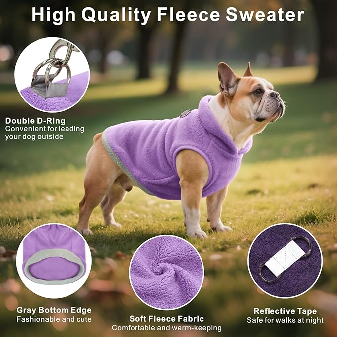 Idepet 2 Pack Dog Fleece Vest Sweater Warm Pullover Jacket with D-Ring Leash Reflective Winter Coat Hoodie for French Bulldog Pug Chihuahuas Yorkies Dachshunds(Purple&Pink,XX-Large-French Bulldog)