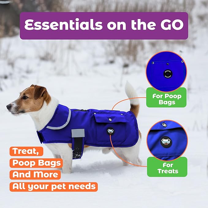 Joyride Harness FrostFlex Dog Winter Jacket - Fleece Lined & Water-Resistant - Snowsuit with Pockets for Treats & Poop Bags - Durable Cold Weather Dog Coat - Blue Serenity-L