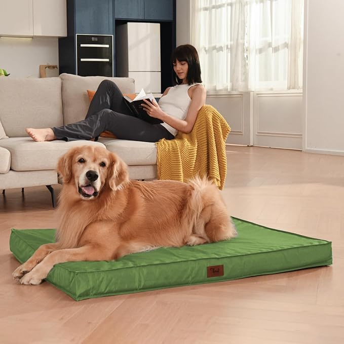 Outdoor Extra Large Dog Bed, Jumbo Waterproof Dog Bed for Large Dogs, Orthopedic Egg Crate Foam Pet Mat with Removable Oxford Cooling Cover, Light Green