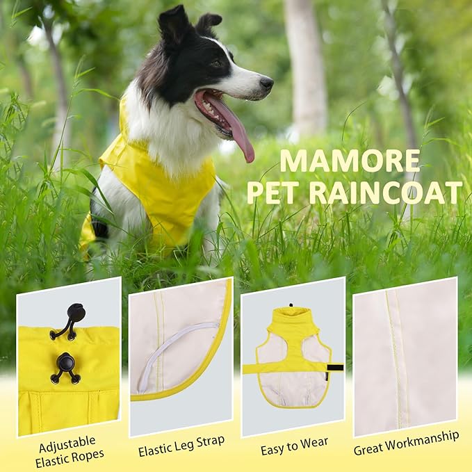 Waterproof Dog Raincoat, Adjustable Lightweight Dog Rain Jacket with Reflective Strip Leash Hole for Small Medium Large Dogs (Yellow, Medium(13-22lb))