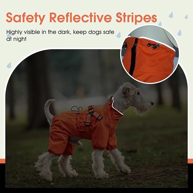 BRKURLEG Dog Raincoat for Small and Medium Dogs, Small Dog Rain Jacket with Harness Built in, Waterproof 4 Legs Pet Raincoats, Puppy Outdoor Jacket with Reflective Strip, Orange, XXXL