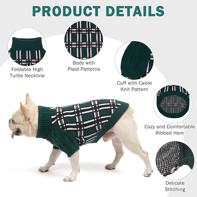SCENEREAL Turtleneck Dog Sweater for Small Medium Large Dogs Girls Boys, Christmas Plaid Pullover Puppy Sweatershirt, Dogs Cold Weather Outfit Clothes, Ideal Gift for Pet in New Year, Green Plaid S
