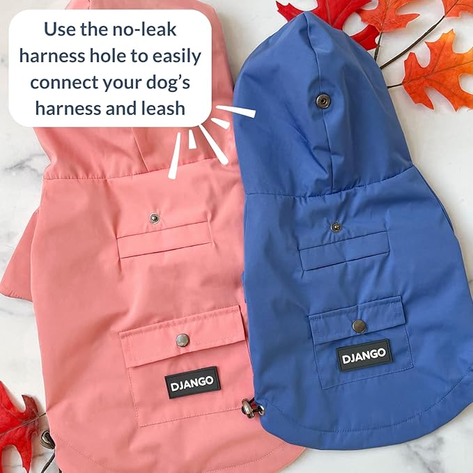 DJANGO Highland Dog Jacket & Raincoat – Water-Repellent, Lined Dog Coat with Hood, Adjustable Fit & Harness Hole – Lightweight Rain & Wind Jacket for Small & Medium Dogs up to 30 lbs (Blue, Medium)