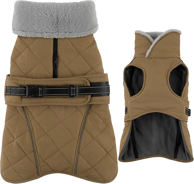 Dog Coat, Waterproof Dog Winter Jacket with Adjustable Buckle, Reflective Turtleneck Pet Snow Vest Warm Fleece Sweater for Small Medium Large Dogs - Khaki, 2XL