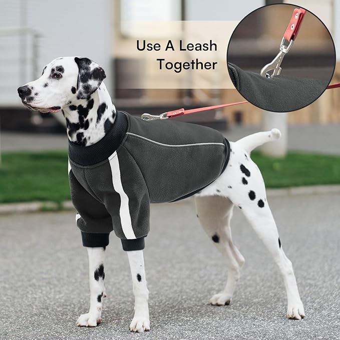 Queenmore Fleece Dog Sweater for Male Dogs, Soft Pullover Dog Sweatshirt with Leash Hole/Reflective Stripes – Cozy Winter Fleece Jacket for Small Medium Large Boy Puppy, Grey M