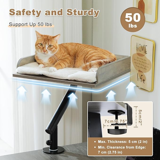 PAWZ Road Cat Desk Bed, Wooden Cat Bed for Desk Supports Up to 50 lbs, 360° Rotation & Adjustable, Nest Desktop Attachment Cats Hammock for Table, Gray